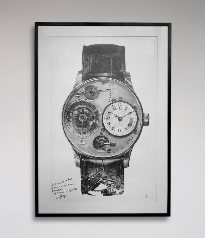 Cette illustration de l'artiste Julie Kraulis, figurant la première montre de François-Paul Journe, été vendue par A Collected Man pour soutenir la recherche sur le Covid-19.
