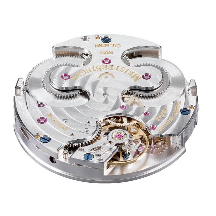 Le calibre Meistersinger maison MSH01 et ses deux barillets offrant une réserve de marche de 120 heures