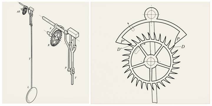 William Clément (1620-1713): horloge à pendule et son échappement à ancre. Il s'agit de l'une des toutes premières constructions «classiques» roue-ancre, utilisée aujourd'hui sous forme d'échappement libre dans quasiment toutes les montres mécaniques. Pages 36-38.