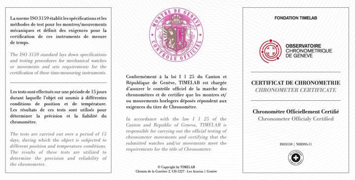 Exemple de certificat de l'Observatoire Chronométrique de Genève