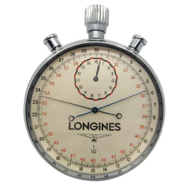 Compteur à haute fréquence au 1/10ème de seconde pour compétitions de ski (1939). Calibre 24 lignes basé sur chronomètre de marine, avec rattrapante, mouvement à haute fréquence battant à 36'000 alternances/heure