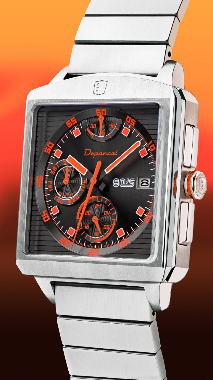 Depancel R80 Testarossa, chronographe, date et jour de la semaine, inspiré des compteurs de la Testarossa des années 1980. 