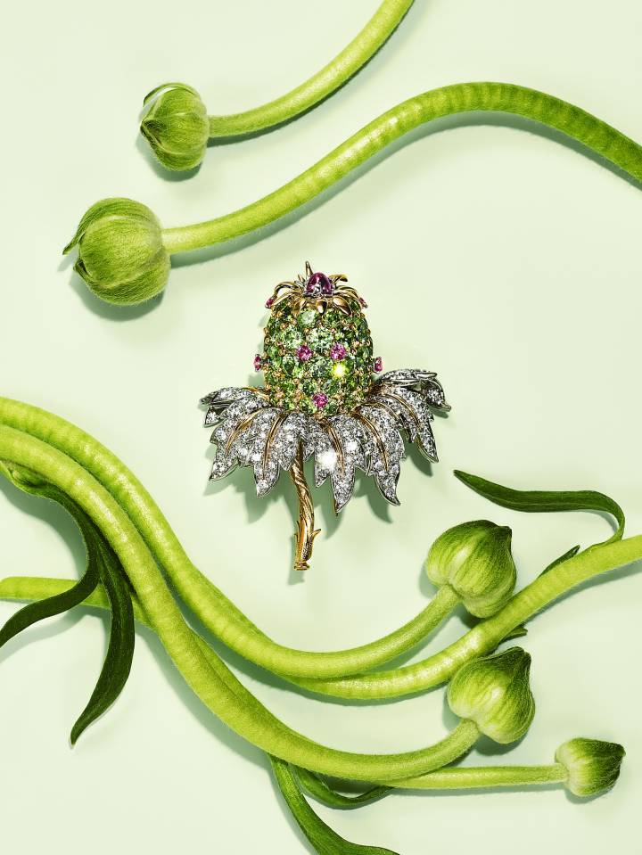 Tiffany & Co. - Schlumberger® collection Botanica: Blue Book 2022, Broche Ananas en or jaune 18k et platine avec grenats démantoïdes, saphirs roses, une rubellite et diamants