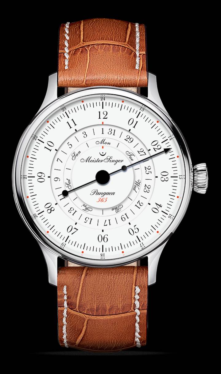 La Meistersinger Pangaea Day Date 365 qui lit, outre l'heure avec sa mono-aiguille, le jour de la semaine et la date avec le logo en point d'orgue de la marque comme indicateur.