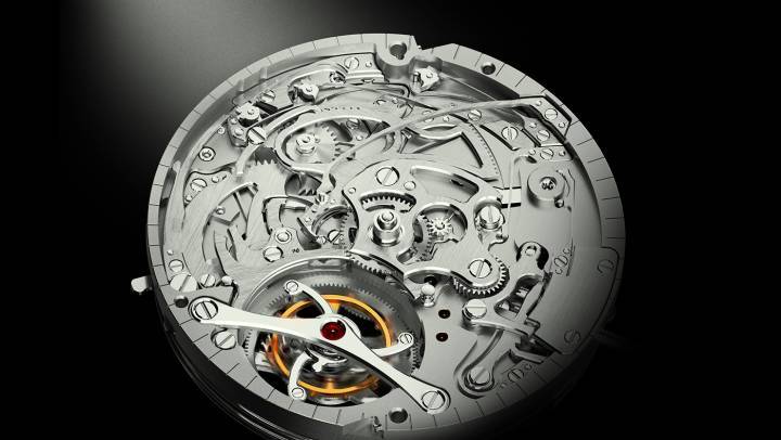 Le très beau Calibre Concepto 08600, mouvement manuel, tourbillon, répétition minute sur 3 timbres. Nombreuses personnalisations possibles (y compris tourbillon volant). Particularités: le rouage de sonnerie est régulé par un système à ancre et une innovation dans la distribution des forces offre une vitesse constante dans le rouage de sonnerie. Il en résulte des gongs réguliers et de même intensité tout au long du fonctionnement de la répétition.