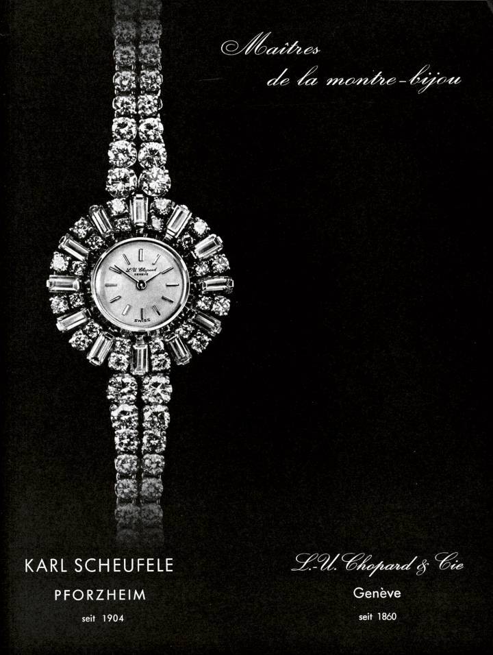 Lorsque la famille Scheufele s'installe à Genève après avoir racheté Chopard dans les années 1960 et se concentre sur les montres-bijoux, les deux noms sont utilisés pendant un certain temps, comme le montre cette archive de 1965 du Journal Suisse d'Horlogerie (JSH).
