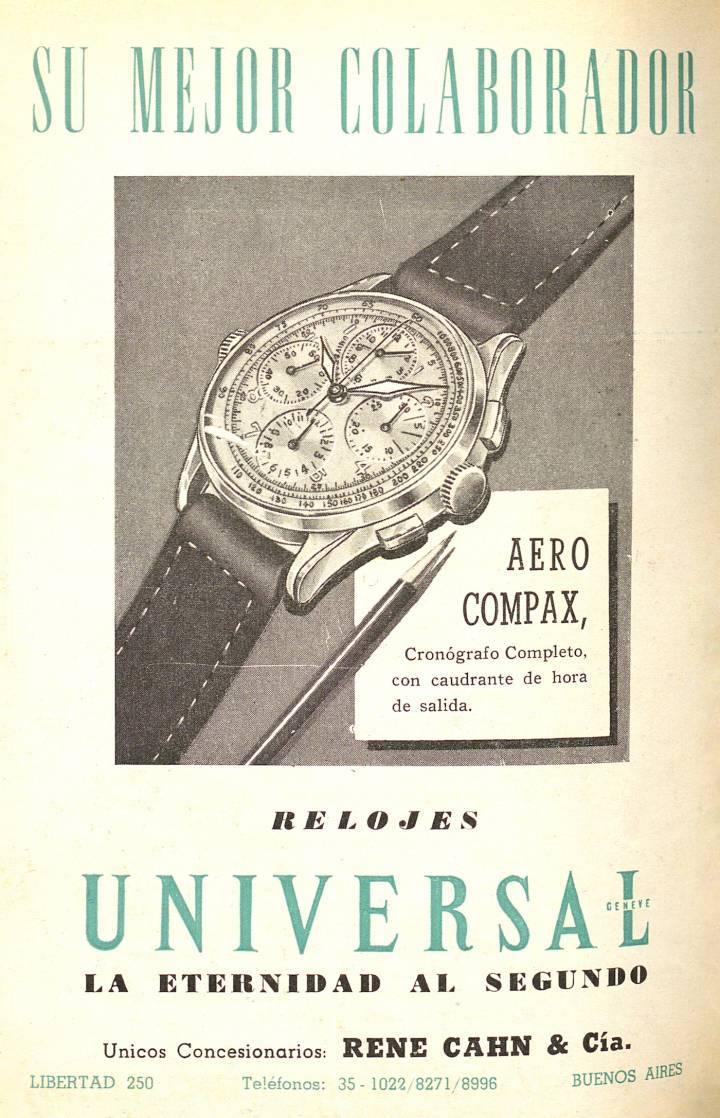 Publicité d'époque pour l'Universal Genève Aero-Compax tirée d'un numéro d'Europa Star datant de 1947