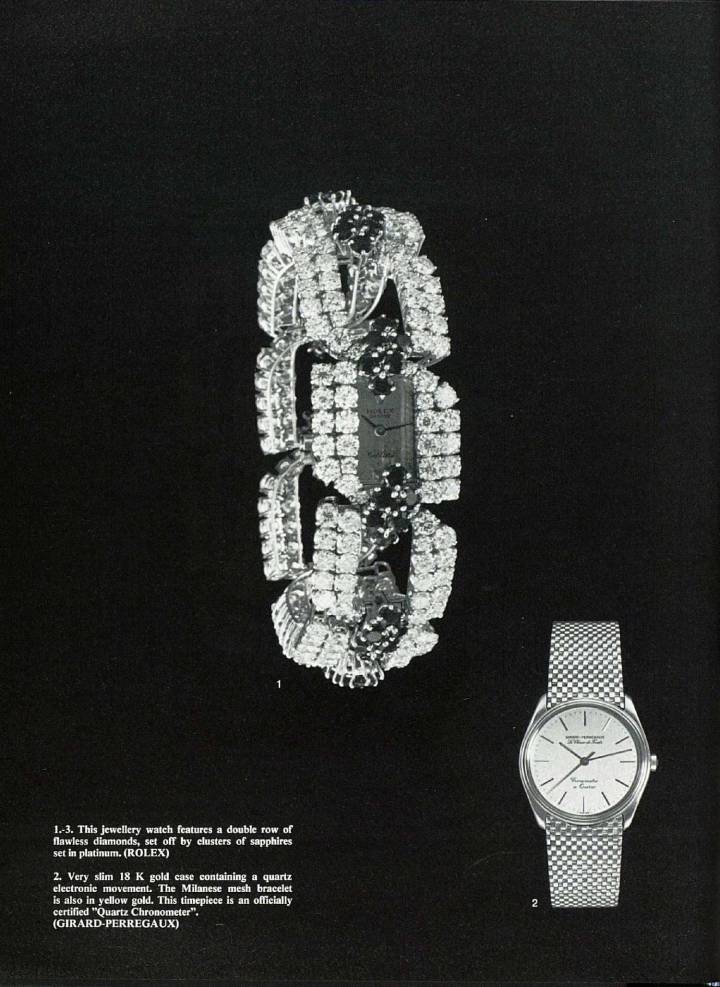 Dans les années 1970, le quartz investit également le salon Montres et Bijoux, comme sur ce modèle présenté par Girard-Perregaux, certes bien discret sur cette page d'Europa Star par rapport à la montre joaillière introduite par Rolex.