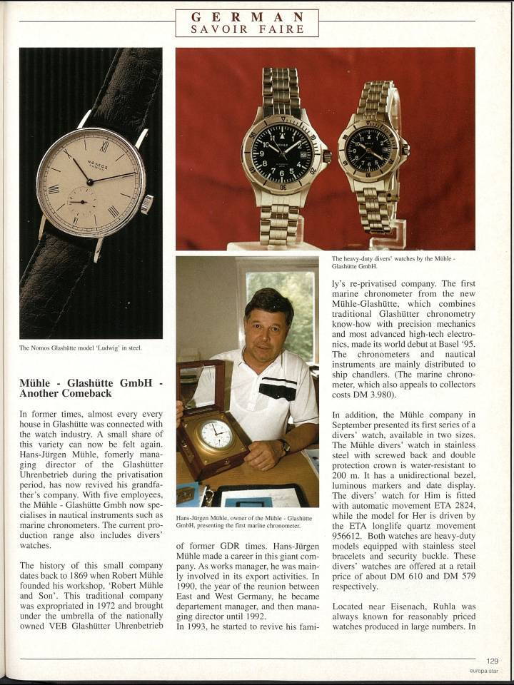 Un article paru en 1995 dans Europa Star sur la relance de Mühle-Glashütte suite à la réunification allemande.