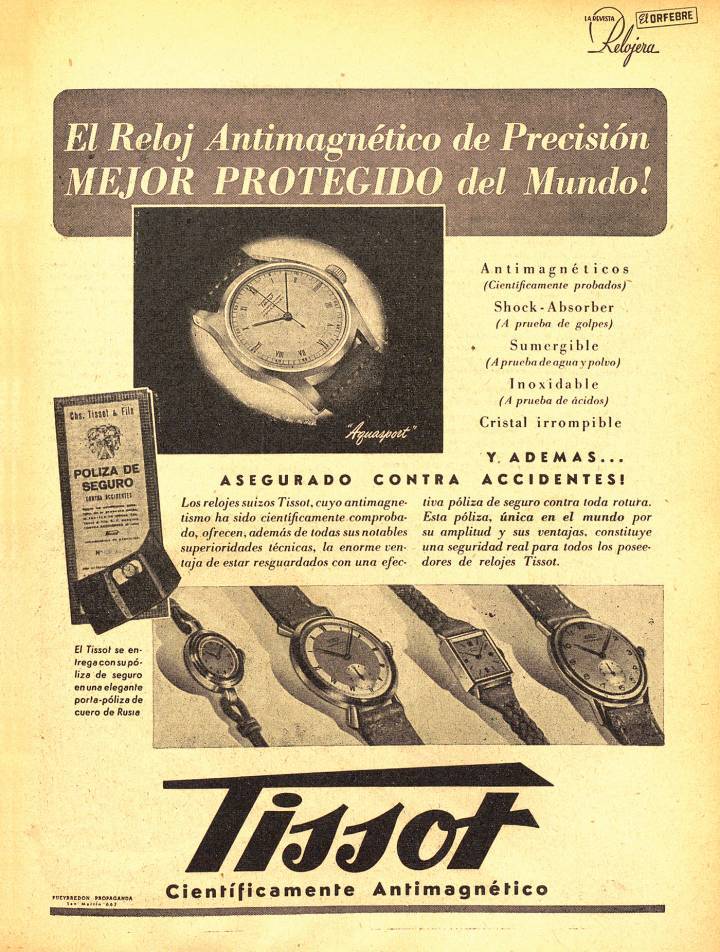 La Revista Relojeria, Argentine, 1942, Archives Europa Star. A propos de cette archive, Luc Tissot nous écrit: «Emouvant pour moi, nous étions les premiers à présenter une montre antimagnétique, grâce à des essais de mon grand-père, également électricien, et cette publicité illustre tellement bien l'atmosphère chaleureuse de la vie argentine.»