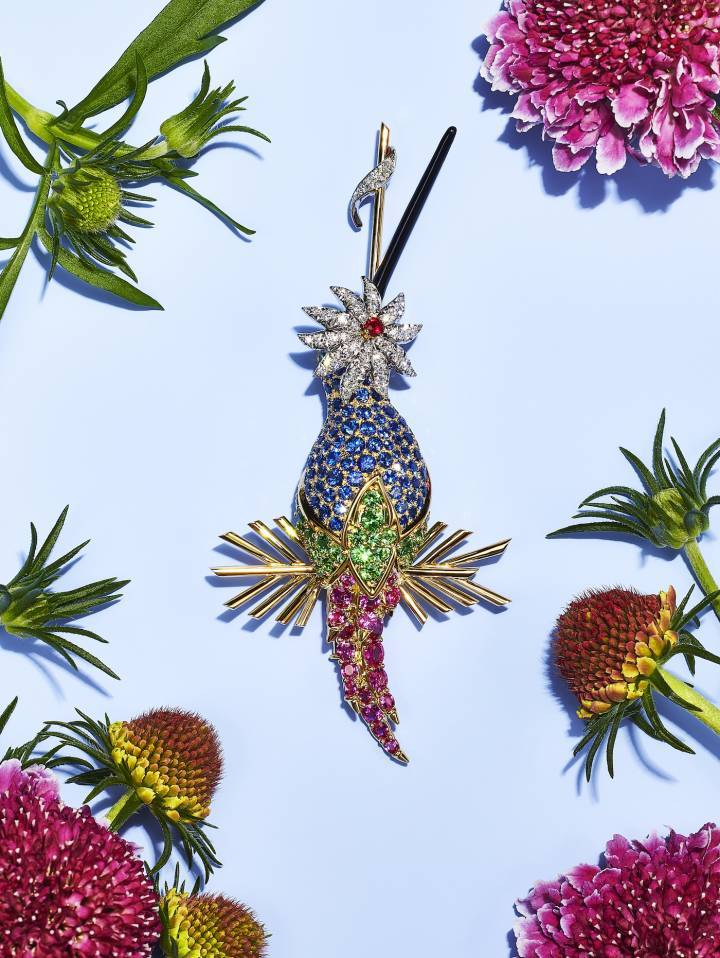 Tiffany & Co. - Schlumberger® collection Botanica: Blue Book 2022, Broche colibri en or jaune 18 carats et platine avec saphirs bleus ronds de plus de 7 carats, saphirs roses ovales et ronds, tsavorites ronds, un rubis rond et des diamants ronds de taille brillant