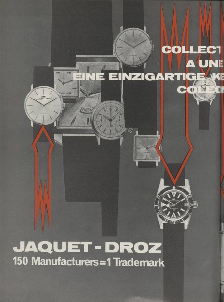 Quand Jaquet Droz avait 1'000 modèles: une archive d'Europa Star datant de 1965. A l'époque, ce ne sont pas moins de 150 fabriques qui, réunies sous l'égide de la Coopérative de Fabricants Suisses d'Horlogerie, présentaient leur production sous ce nom partagé de Jaquet Droz. Une histoire oubliée.