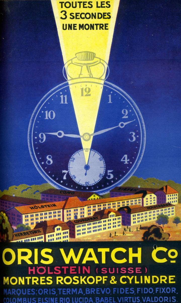 Une publicité Oris Watch de 1927 (collection MIH). Mise en avant de la puissance industrielle.