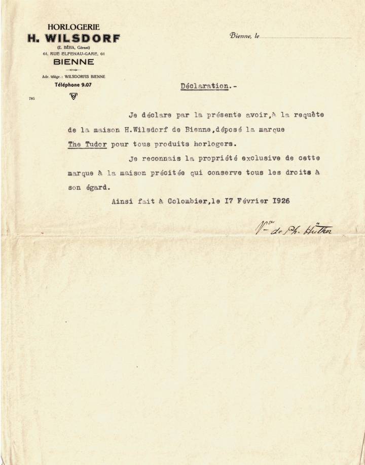 La lettre confirmant le dépôt de la marque Tudor par la société H. Wilsdorf en 1926.