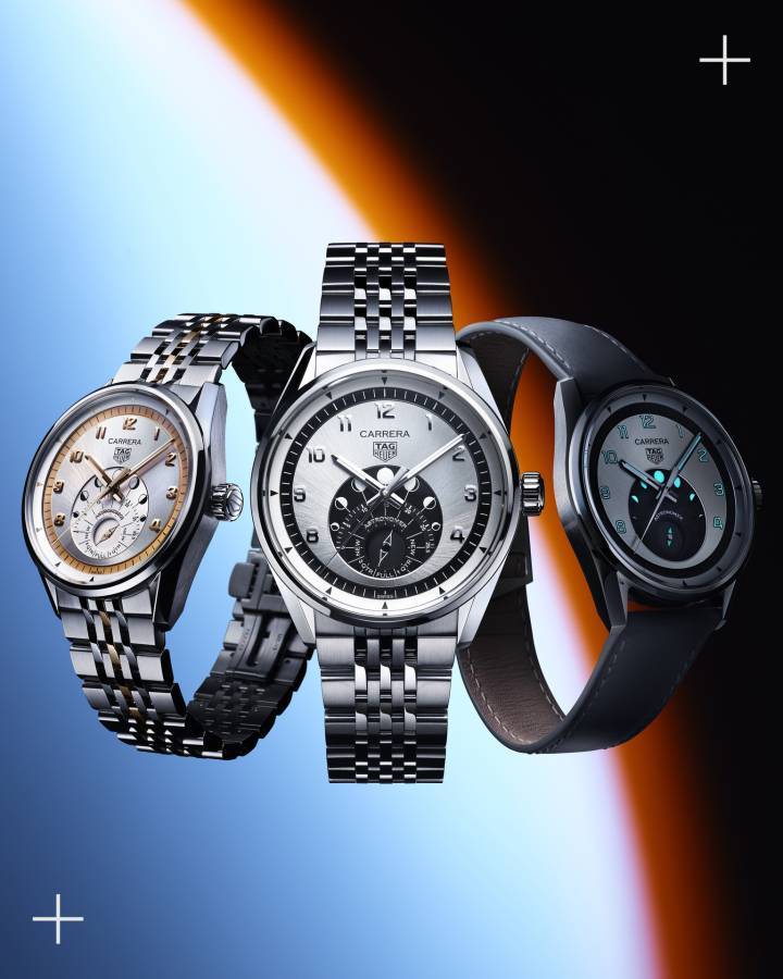 Animée par le nouveau Calibre 7 doté d'une réserve de marche de 50 heures, la TAG Heuer Carrera Astronomer réinvente l'affichage des phases de lune, avec son disque rotatif à 6 heures qui montre les sept phases de la lune. Le fond du boîtier révèle un observatoire astronomique, célébrant l'inspiration cosmique de la collection.