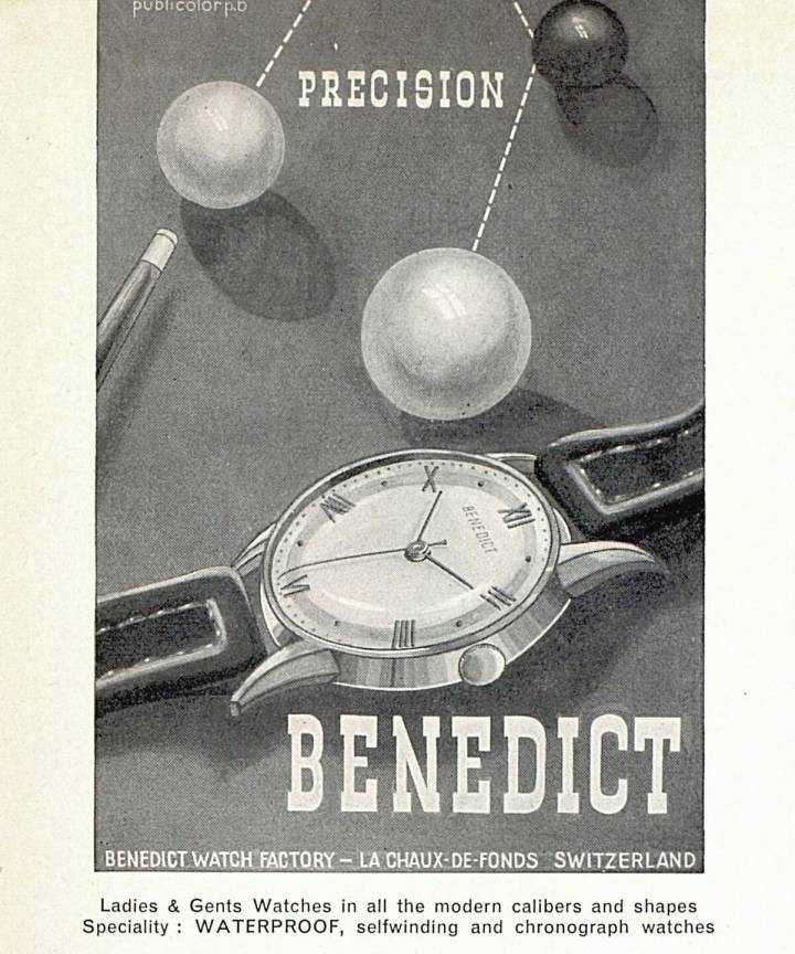 Une annonce pour Benedict Watch en 1950 dans Europa Star