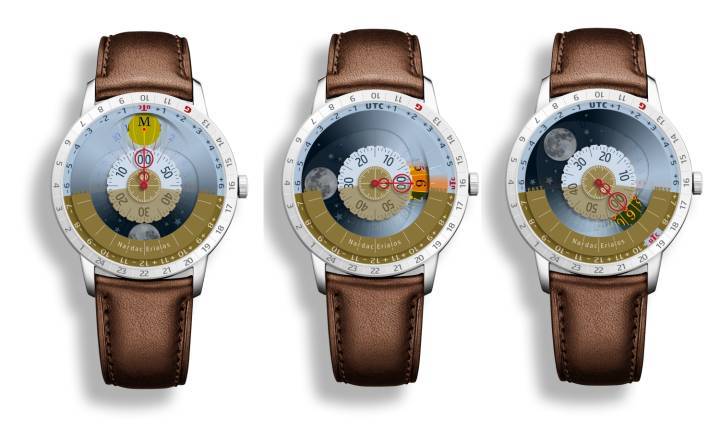 La montre Nardac-Erialos, anagramme de cadran solaire, indique simultanément l'heure locale et l'heure universelle UTC.