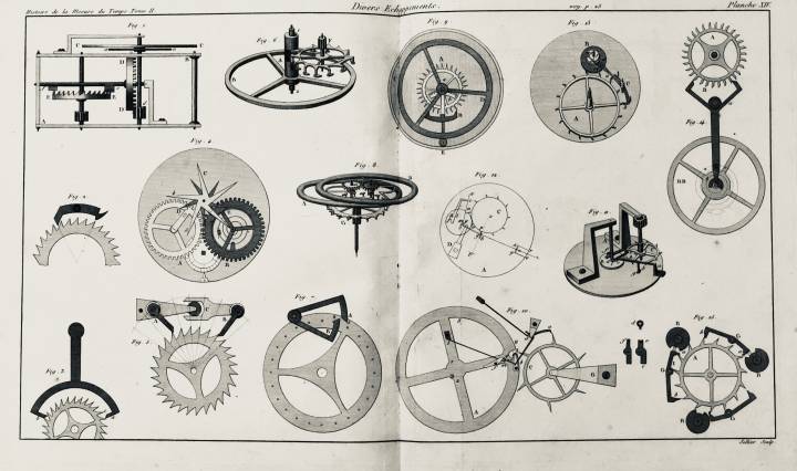 L'horloger Ferdinand Berthoud publie en 1802 son «Histoire de la mesure du temps». Cet ouvrage richement illustré fait le point sur les connaissances horlogères de l'époque. Ici, Berthoud présente le fonctionnement de «divers échappements». Le lecteur curieux pourra s'amuser à reconnaître les échappements, en se basant sur le livre d'Olivier Laesser. On y trouve ainsi l'échappement à roue de rencontre (fig. 1), à cylindre de George Graham (fig. 2) ou libre à impulsion directe de Leroy-Robin (fig. 13).