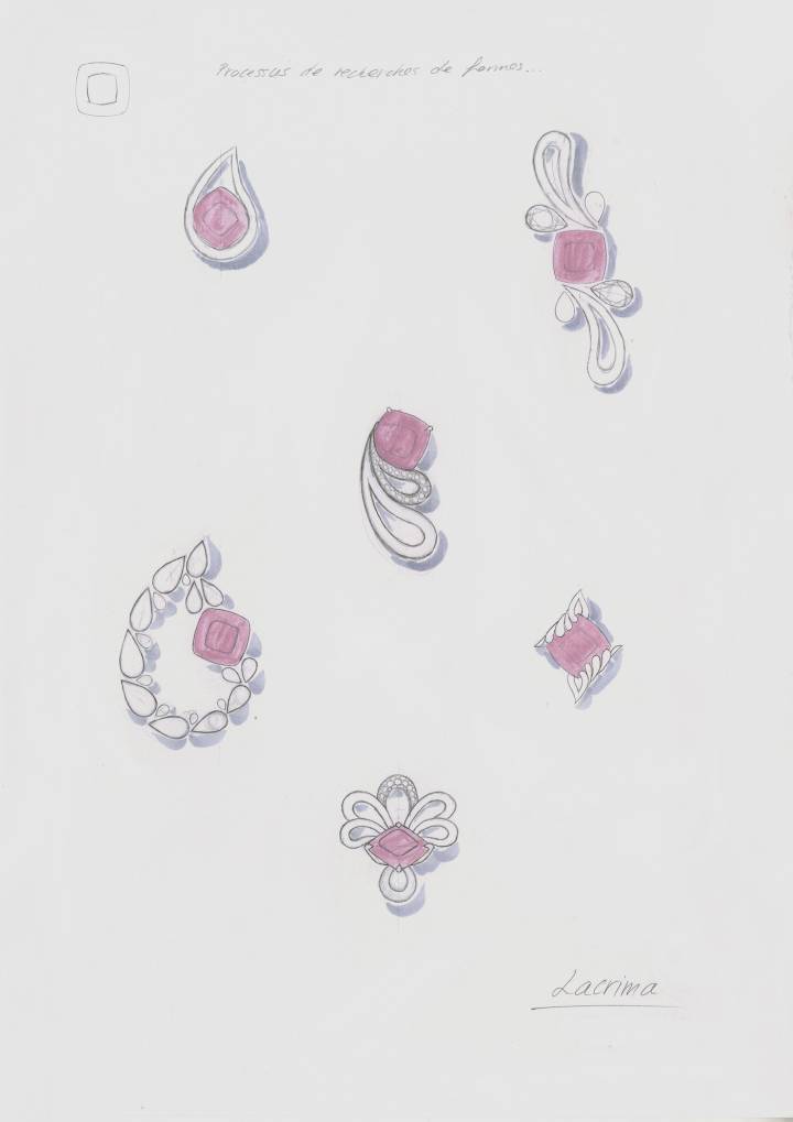 Dessins préparatoires et recherches de formes inspirées des collections Lacrima, B Dimension et Peekaboo de Bucherer