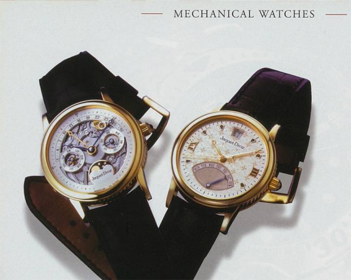 Un Calendrier Perpétuel squelette automatique, avec mois rétrograde et lune, et la montre Tapisserie, avec date rétrograde et mois, toutes deux parues dans Europa Star 4/1999, avant la vente au Swatch Group.