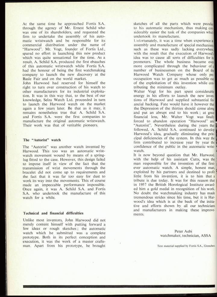 A la disparition de John Harwood, Europa Star lui consacre un article en 1966 revenant sur le développement de la montre-bracelet automatique par Fortis avec la Harwood Automatic présentée 40 ans plus tôt en 1926.