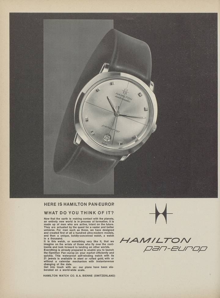 Une annonce d'Hamilton pour son modèle Pan Europ dans une édition de 1963 d'Europa Star, alors que la marque aux origines américaines venait de déménager à Bienne.