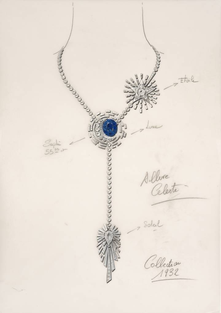 Collection 1932 Chanel Collier Allure Céleste en or blanc, diamants avec un saphir taille ovale de 55,55 cts, un diamant taille poire 8,05 cts D FL (Type IIa) et un diamant taille brillant 2,52 cts D FL (Type IIa).
