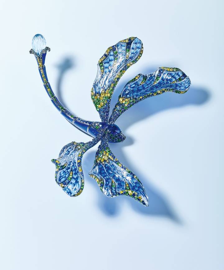 Broche Dragonfly Fish. Elle représente un animal imaginaire, la libellule-poisson. Saphir, tsavorite, topaze, cristal, diamant doré, diamant, lapis, émail, or jaune 18k.