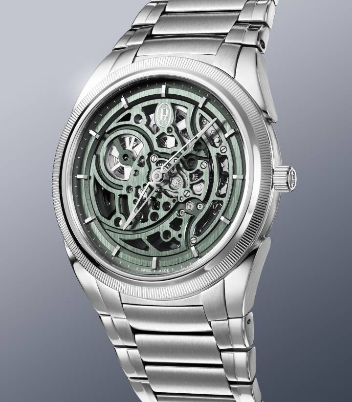 La Tonda PF Skeleton Slate Green introduit une nouvelle dimension chromatique au squelettage, qui met en valeur l'architecture mécanique du calibre PF777. 