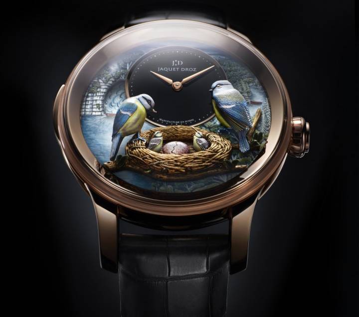 Le Bird Repeater est le premier automate sur montre-bracelet présenté par Jaquet Droz en 2012. Il met en scène un couple de mésanges, symboles de la région du Jura, réunies au-dessus du nid où se trouvent leurs petits. La répétition minutes permet sur demande d'entendre sonner heures, quarts et minutes et de déclencher pas moins de huit animations.
