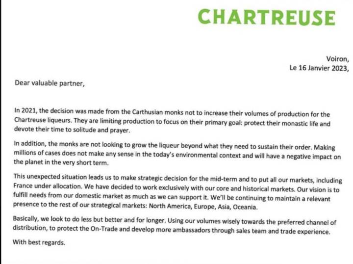 Communiqué de l'entreprise Chartreuse Verte SA expliquant la décision de ne plus faire croître sa production.
