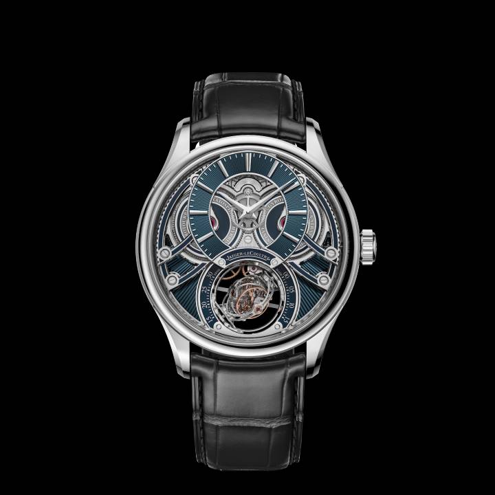 Master Hybris Inventiva Gyrotourbillon à Stratosphère. Le calibre 178 exhibe un tourbillon à trois axes, comptant 189 composants pour un poids total de 0,78 gramme. La cage intérieure du tourbillon effectue une révolution sur elle-même en 20 secondes, la cage centrale (ou de référence) en 60 secondes et, enfin, la cage extérieure en 90 secondes. Toutes les trois sont en titane. Le boîtier en platine 950 de cette édition limitée à 20 montres mesure 42 millimètres de diamètre pour 16,15 millimètres d'épaisseur. Reference: Q5306480.