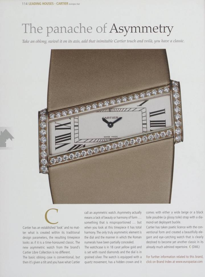 L'horlogerie de Cartier est particulièrement reconnue pour ses montres dites de forme. Un modèle de la collection Cartier Libre est représenté ici.