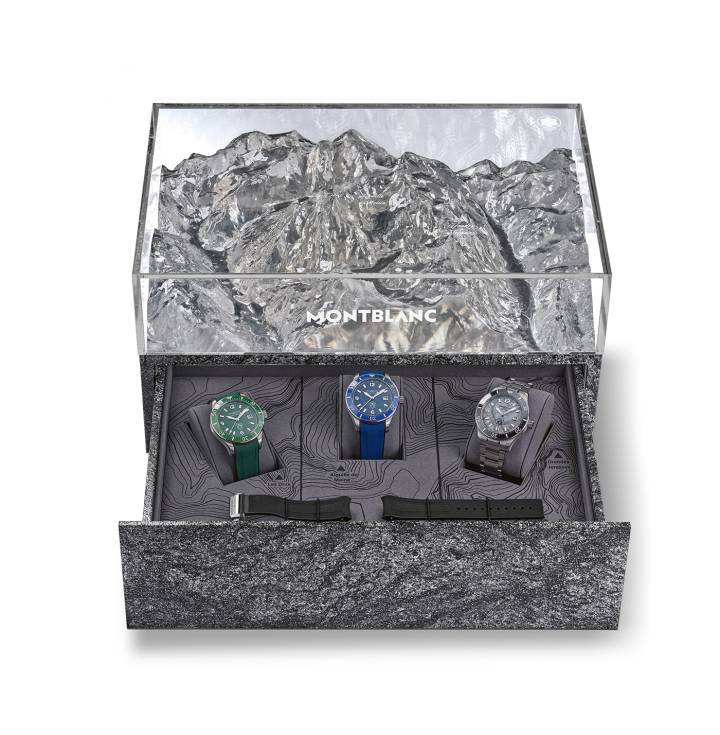 Coffret en édition limitée, à la base en granit et couvercle en plexiglas décoré du relief du massif du Mont-Blanc: il contient trois modèles Montblanc Iced Sea Automatic Date, avec chacun un fond de boîtier muni d'une gravure laser colorée représentant une vue différente du Mont Blanc: la version bleue est ornée de l'Aiguille du Moine, la verte représente Les Drus et la grise représente Les Grandes Jorasses.