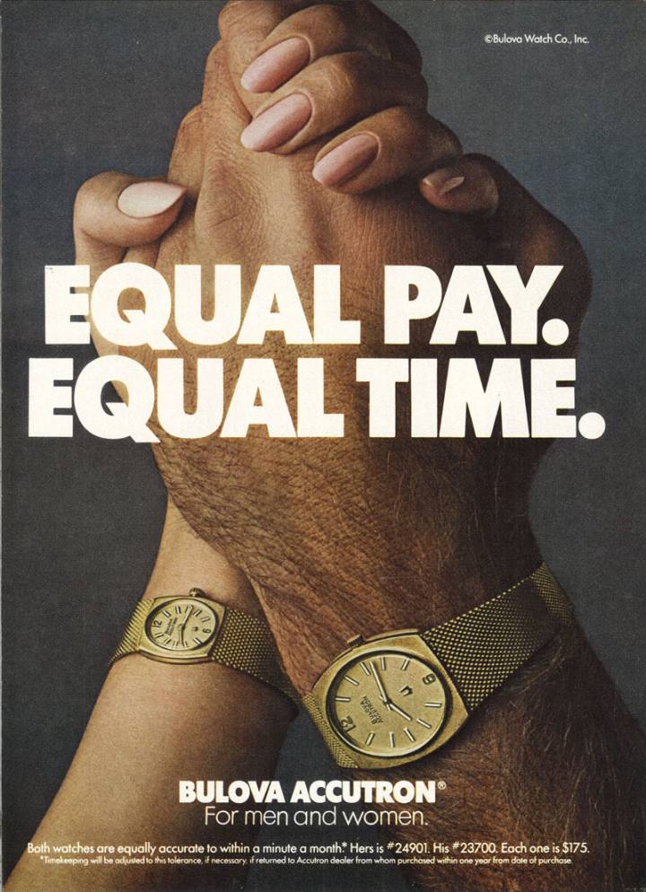 Une publicité Bulova de 1974 (collection MIH). Quand l'horlogerie s'empare des faits de société.