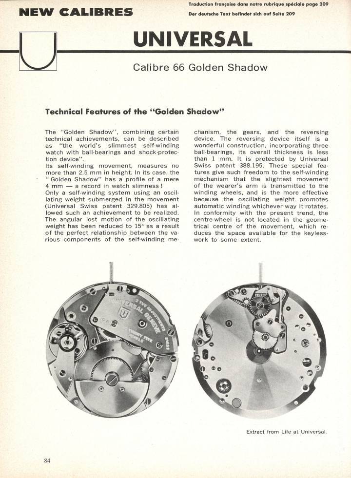 L'Universal Genève Golden Shadow, alors l'une des montres à remontage automatique les plus fines du monde, présentée dans Europa Star en 1966