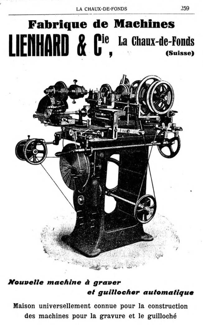 Publicité du fabricant de «machines à guillocher» Lienhard & Cie, de La Chaux-de-Fonds, publiée dans l'Indicateur Davoine de 1923