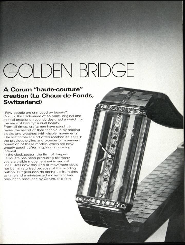 Le lancement de la Golden Bridge en 1980 dans Europa Star. Le modèle est l'un des deux piliers de la relance de Corum en 2026.