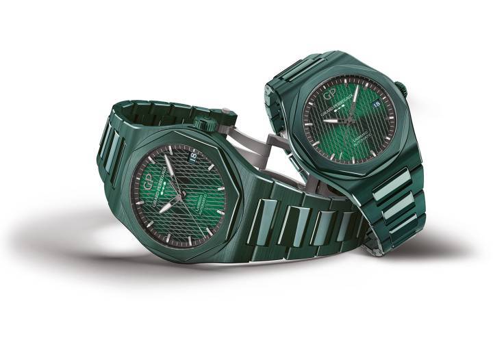 La nouvelle Girard-Perregaux Laureato Green Ceramic Aston Martin Edition respecte les codes de la première Laureato lancée en 1975, tout en utilisant une céramique verte ultramoderne pour le bracelet et le boîtier (42 mm et 38 mm).