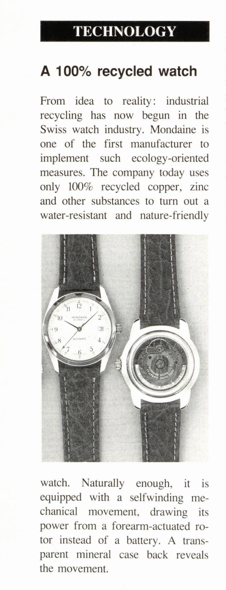 Un article paru en 1992 dans Europa Star sur la montre recyclée de Mondaine, à une époque où cette question n'était pas encore très répandue.