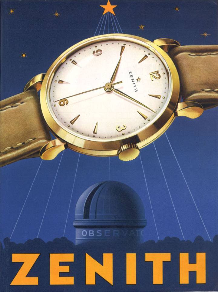 Une publicité Zenith de 1954 (collection MIH). La montre apparaît comme le résultat tangible issu directement de l'observation du cosmos. 