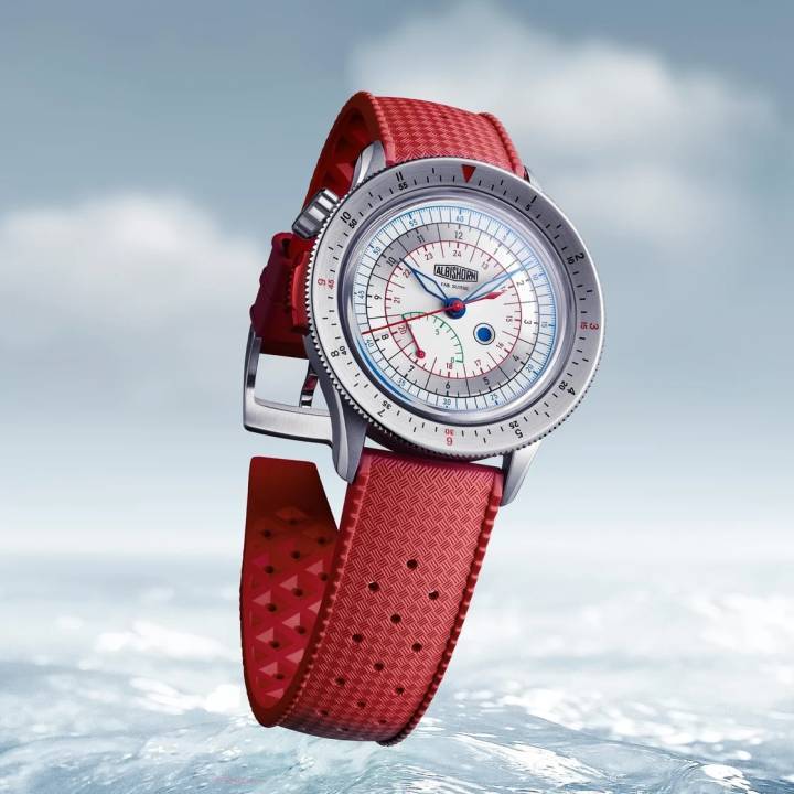 La Maxigraph, la pièce inaugurale d'Albishorn Watches, créée avec William Massena de Massena Lab: un chronographe monopoussoir de régate imaginaire conçu pour l'édition 1939 du Bol d'Or sur le lac Léman. Cadran sectoriel, compte à rebours rétrograde breveté de 10 minutes, indicateur de marche à 4 heures.