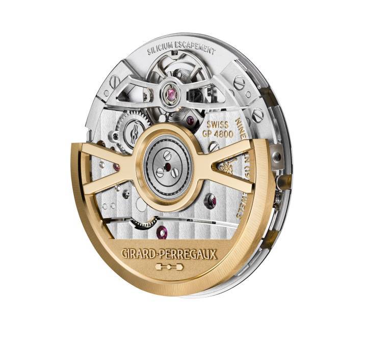 Mouvement compact, le nouveau calibre GP4800 qui équipe la Laureato Fifty affiche un diamètre de 25,60 mm (111/2''') et une épaisseur de 4,28 mm. Il est doté d'un échappement en silicium, d'un balancier à inertie variable et d'une fonction stop seconde.
