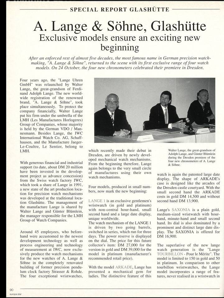 Le redémarrage de A. Lange & Söhne après la réunification allemande, raconté dans cet article d'Europa Star paru il y a exactement trente ans, en 1994.