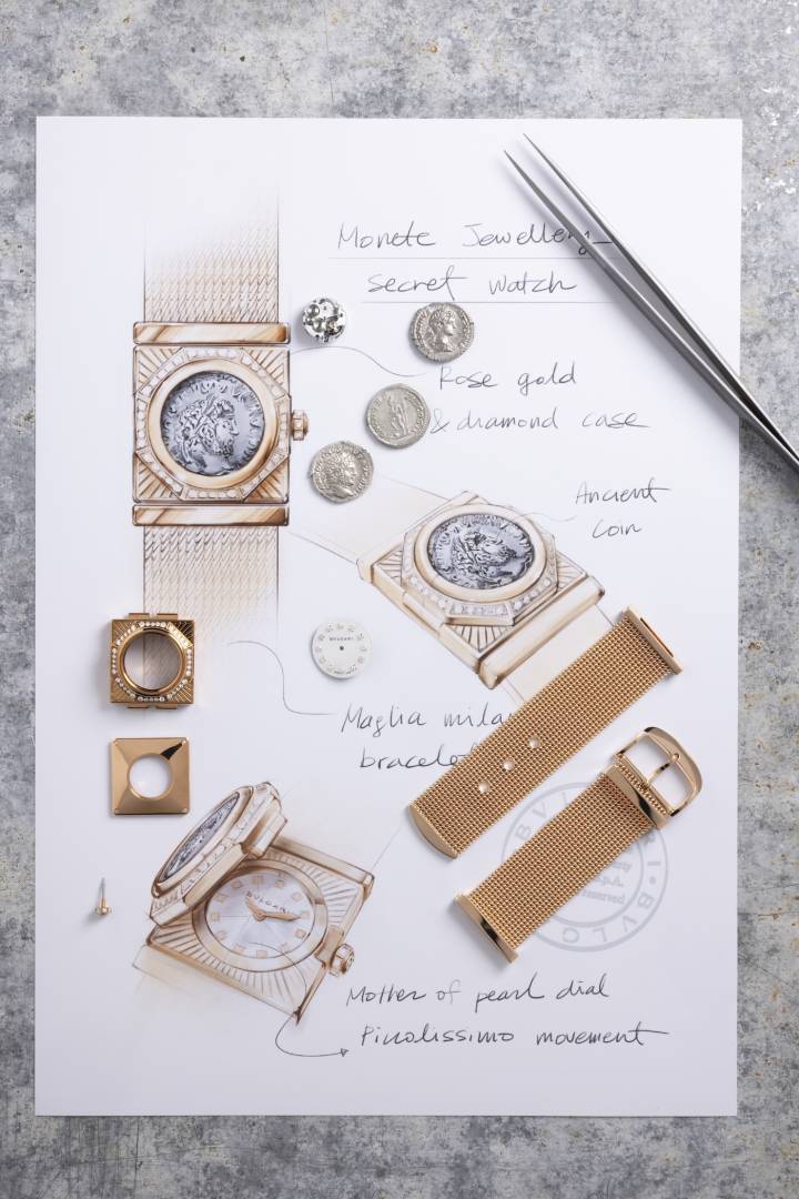 C'est la première fois que Bvlgari met à l'honneur l'art traditionnel de la maille milanaise. Confectionnée à partir de fils d'or entrelacés, cette structure a été mise au point par les orfèvres de la cité au cours de la Renaissance. La souplesse de la maille milanaise est ici modernisée et associée à la Monete et aux reflets chauds de l'or. 