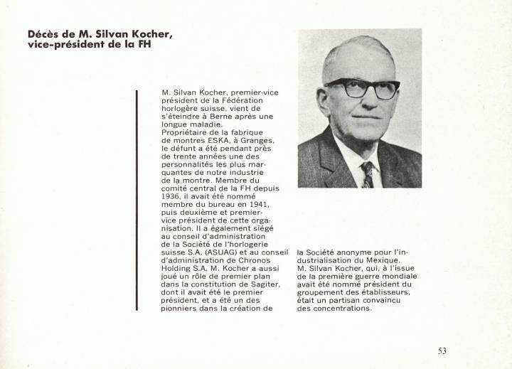 Hommage à Silvan Kocher (1897-1968), le fils du fondateur d'Eska, en 1968 dans Europa Star. Il occupa également d'importantes fonctions au sein de la Fédération horlogère suisse.