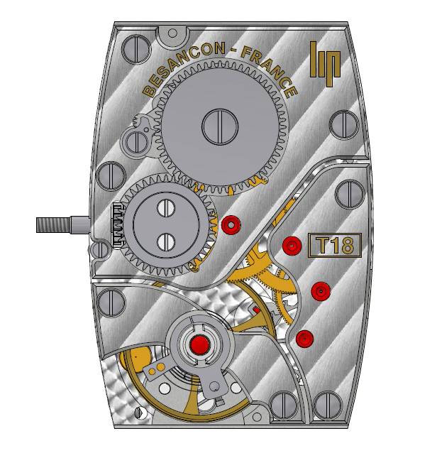 Calibre T18: renaissance du calibre mythique de forme tonneau à remontage manuel. Premier mouvement français produit en série en 1933, il fête ses 90 ans en 2023. Développé en association avec La Joux-Perret. Assemblé et réglé par Humbert-Droz à Besançon.