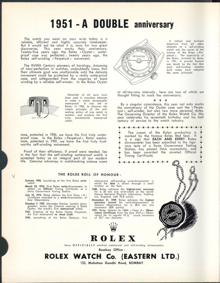 1951: les 25 ans du boîtier Oyster et les 20 ans du mouvement automatique Perpetual de Rolex dans une édition d'Europa Star.