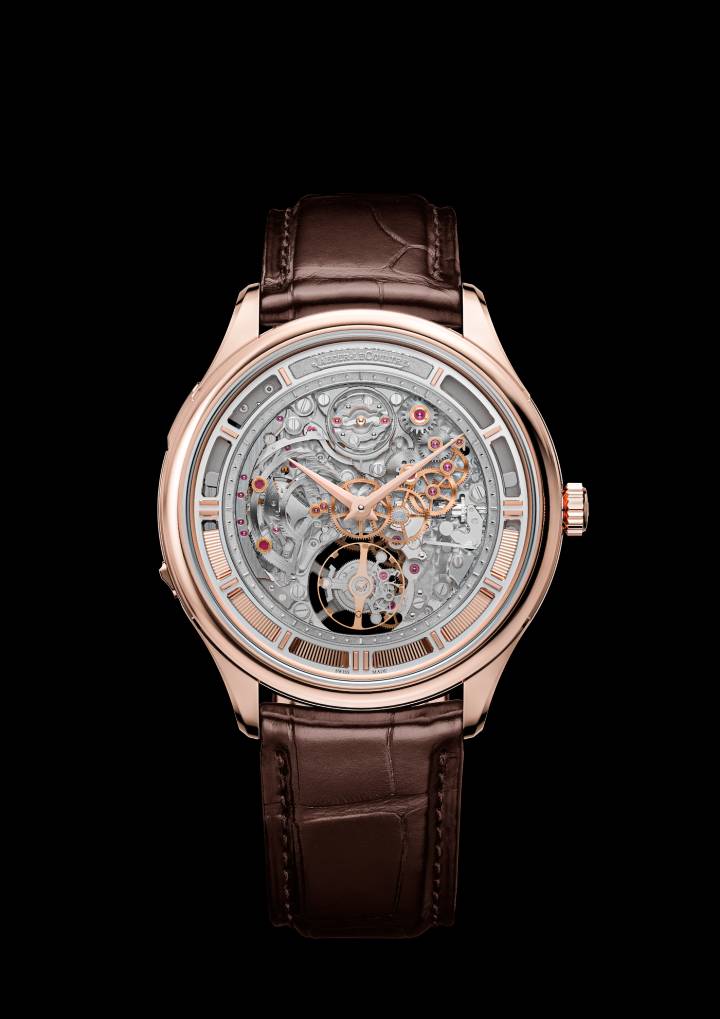 Master Hybris Mechanica Ultra Thin Minute Repeater Tourbillon. Série limitée à 10 pièces, le calibre 362 de ce nouveau tourbillon à répétitions minutes compte 537 composants, pour une épaisseur totale de 4,7 millimètres. Le boîtier en or rose mesure 41,4 millimètres de diamètre pour 8,25 millimètres d'épaisseur. Référence: Q13125S2.