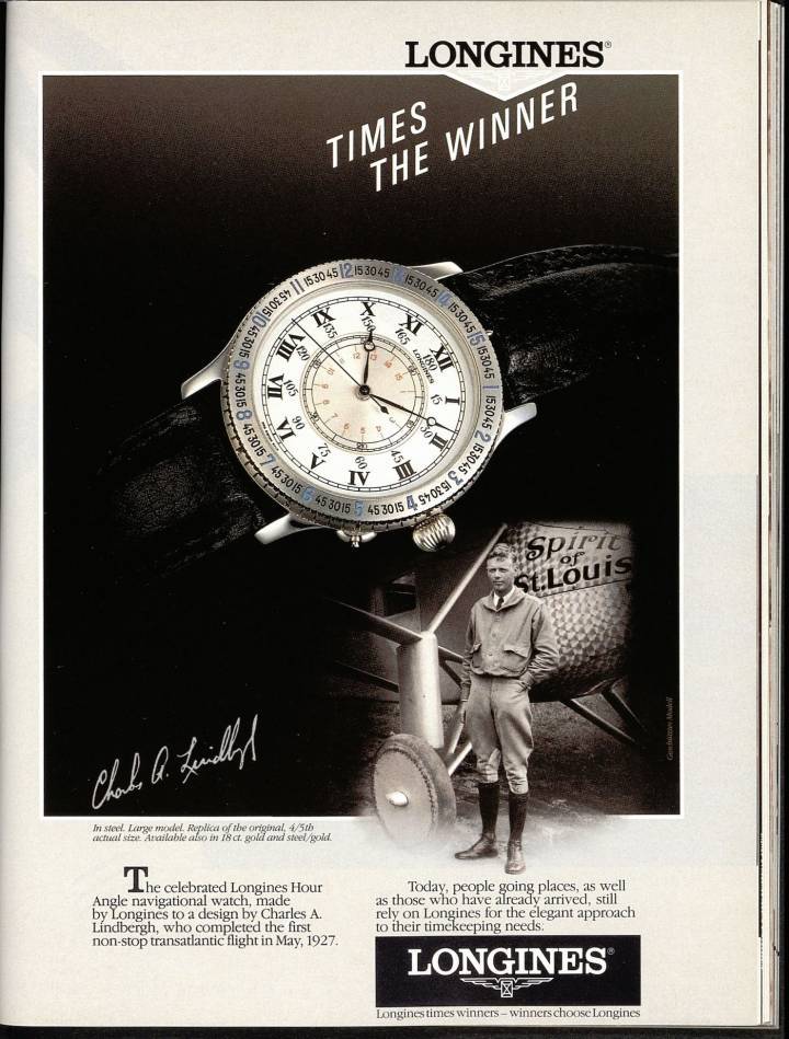 Une annonce parue en 1989 dans Europa Star pour la réédition de la fameuse The Lindbergh Hour Angle Watch, toujours proposée aujourd'hui.